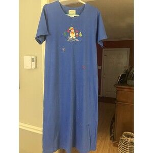 Quacker Factory Embroidered Snowman Tree Royal Blue Tee Shirt Dress Sz L